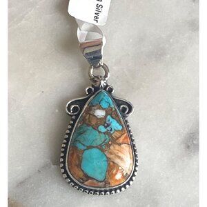 NEW Spiney Turquoise Sterling Silver Beaded Border Pendant